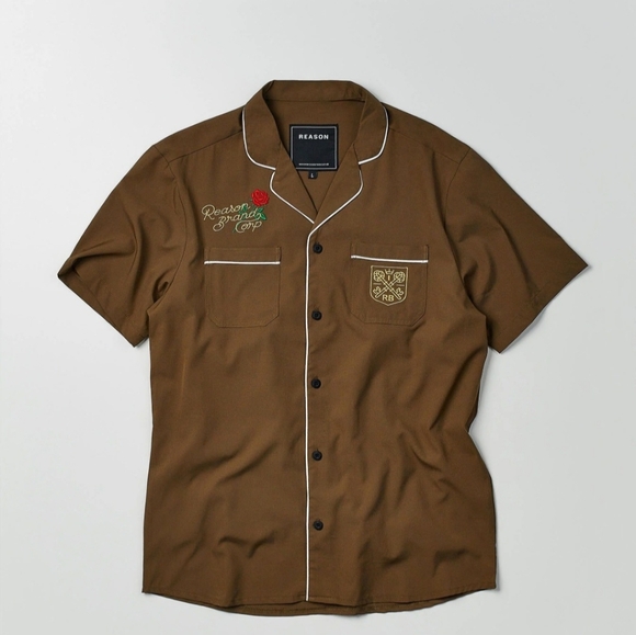 Reason Brand Clubmaster Brown Embroidered Button Down Shirt NWT Size L BI2861 - Picture 1 of 6
